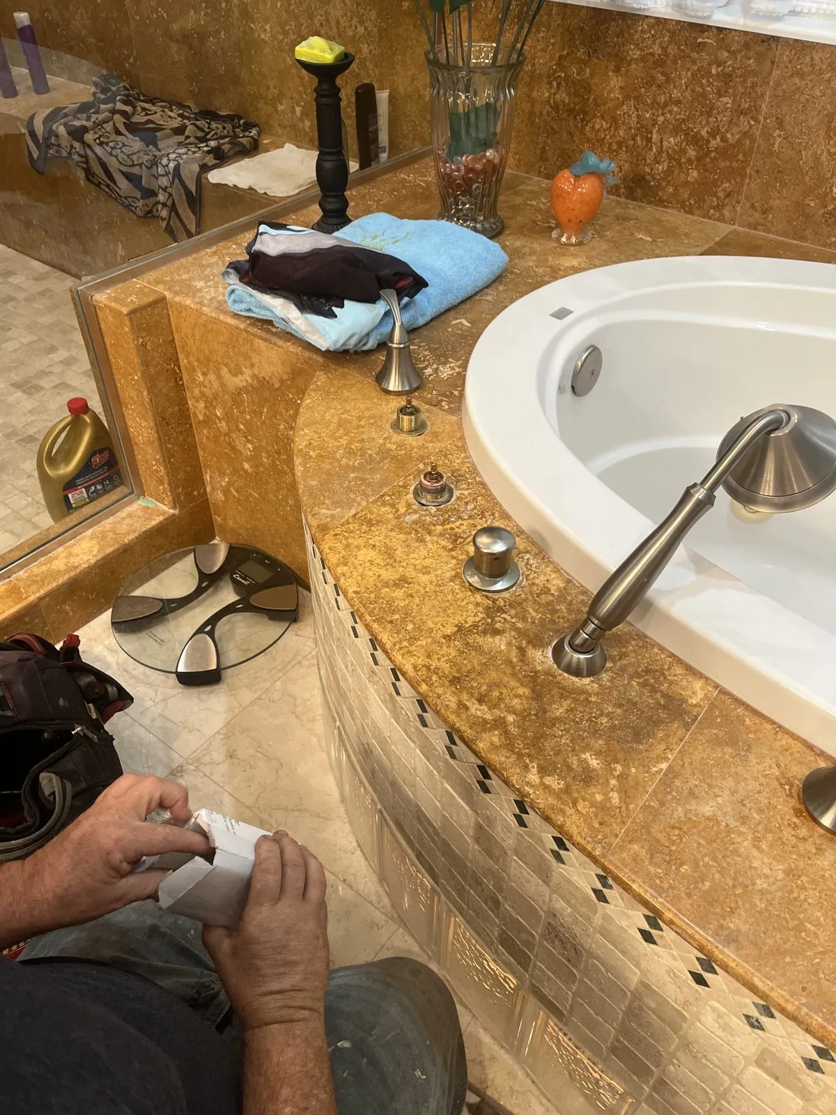 New cartridges installed in a Kohler roman tub valve on a marble tub deck in St. Augustine